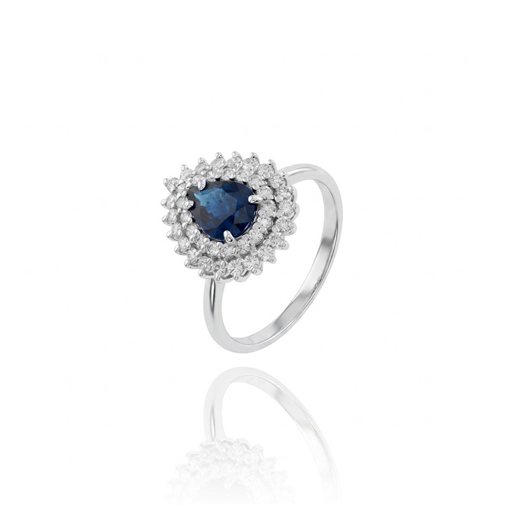 [049878] Anel Clássico Ii Safira Azul Gota 1,20ct 39 Brilhantes 0,69ct H/i SI2 4,90g Ouro Branco 18k - Coleção Thalassa