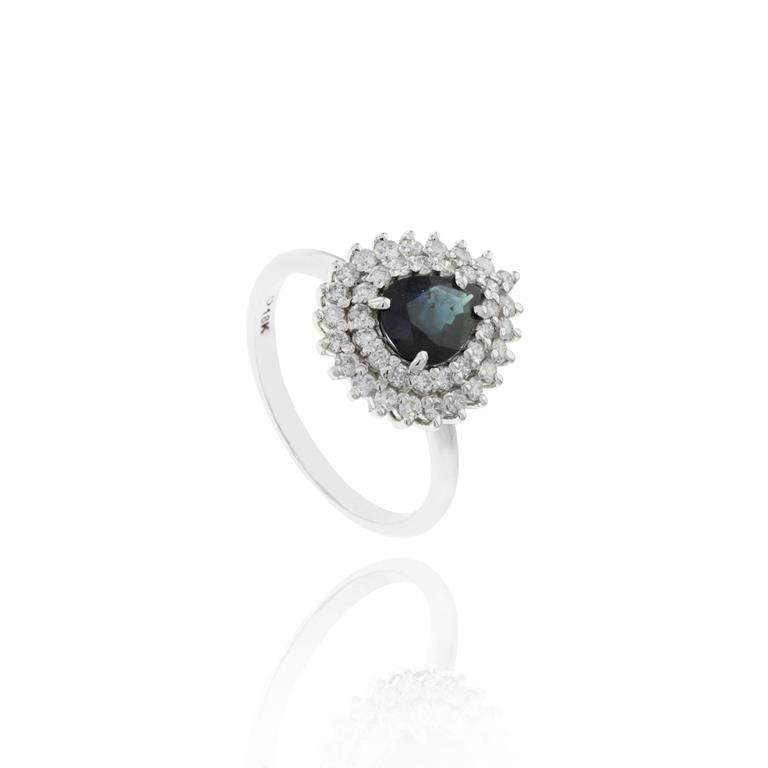 Anel Clássico Ii Safira Azul Gota 1,20ct 39 Brilhantes 0,69ct H/i SI2 4,90g Ouro Branco 18k - Coleção Thalassa