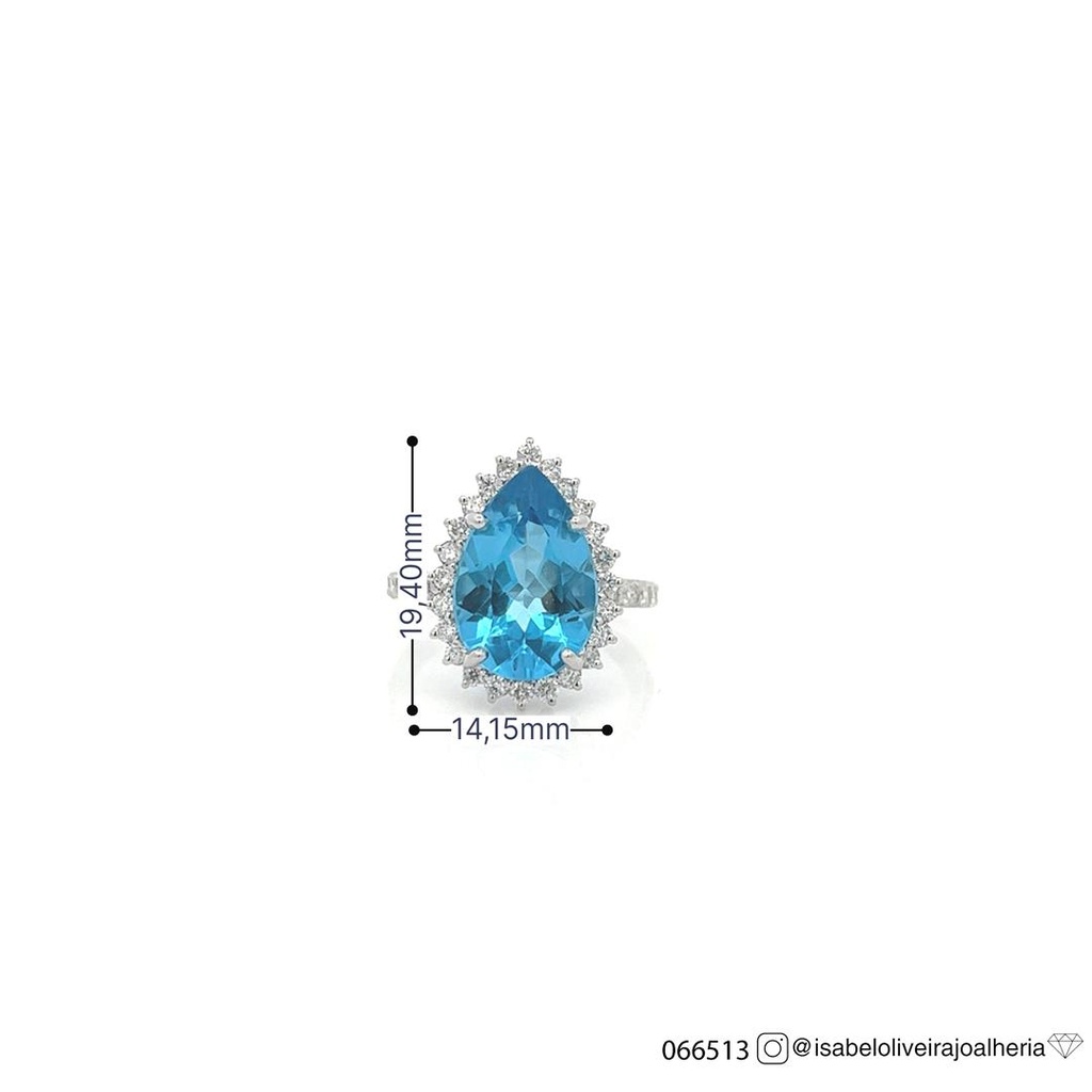 [066513] Anel Clássico Topázio Swiss Gota 5,77ct 34 Brilhantes 0,76ct g VS2 5,05g Ouro Branco 18k - Coleção Blue Sky