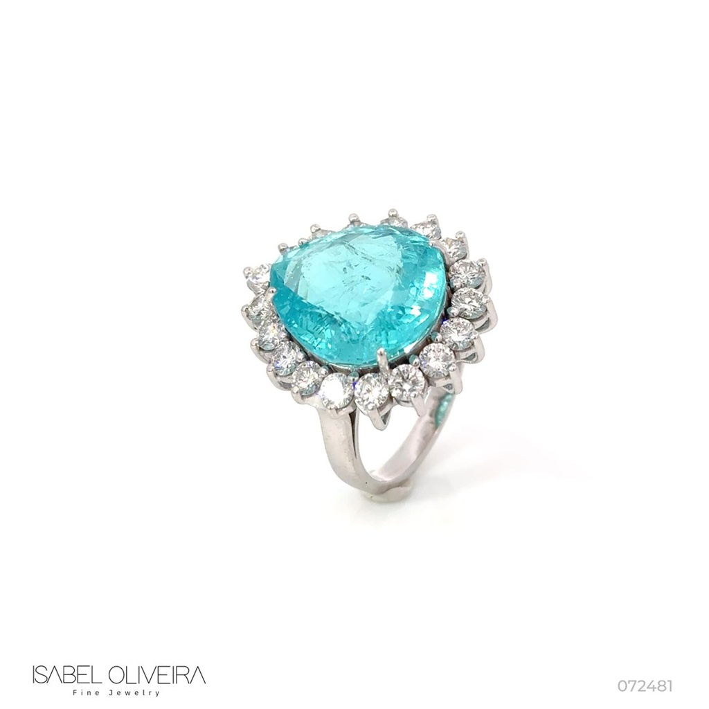 Anel Clássico Turmalina Paraiba Gota 12,62ct 18 Brilhantes 1,96ct VS 10,14g Ouro Branco 18k - Certificado GIA 6192906592
