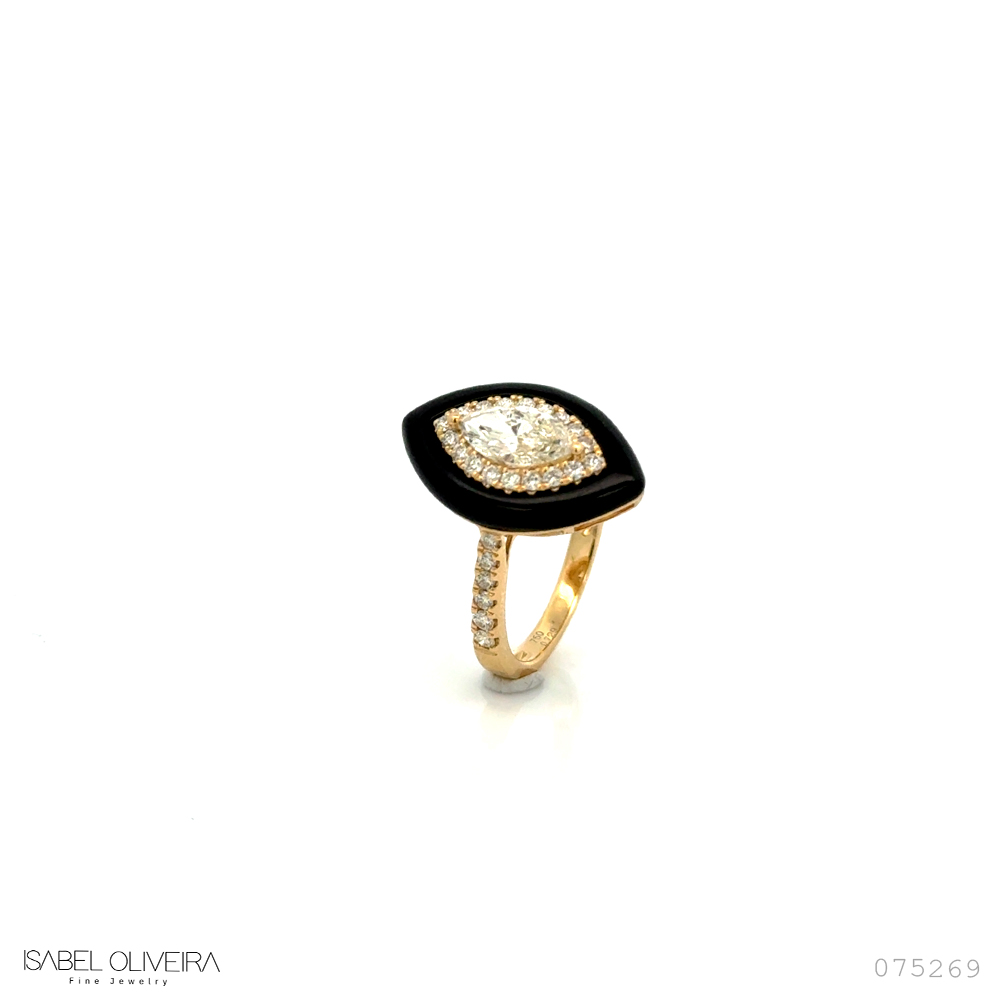 Anel com Agata 1,58CT 1 Diamante Navete 0,72CT 30 Brilhantes 0,35CT 3,62G Ouro Amarelo 18K - Coleçao