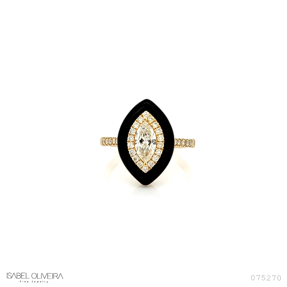 Anel com Agata 1,62CT 1 Diamante Navete 0,54CT 30 Brilhantes 0,35CT 3,60G Ouro Amarelo 18K - Coleçao