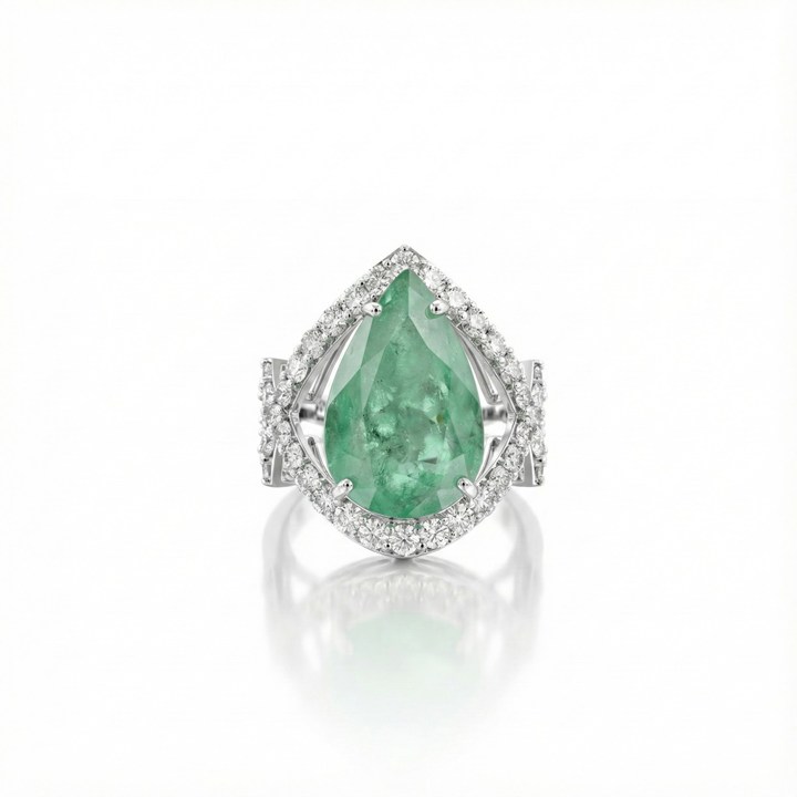 Anel Esmeralda Colombiana Gota 10,67ct com Diamantes em Ouro Branco 18k