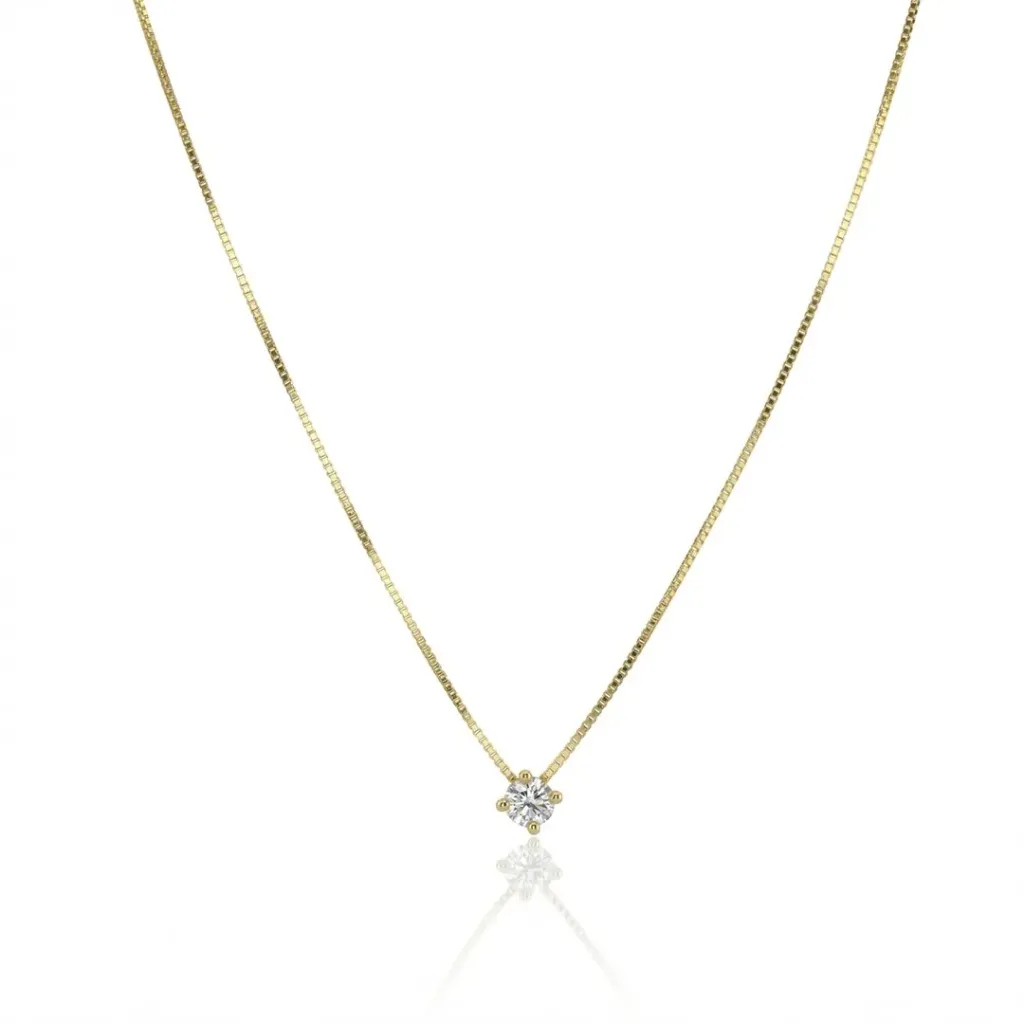 10-COLAR Ponto de Luz Brilhante 0,11CT H VS2 Corrente Veneziana 45CM 1,52G Ouro Amarelo 18K - Coleçao Only You