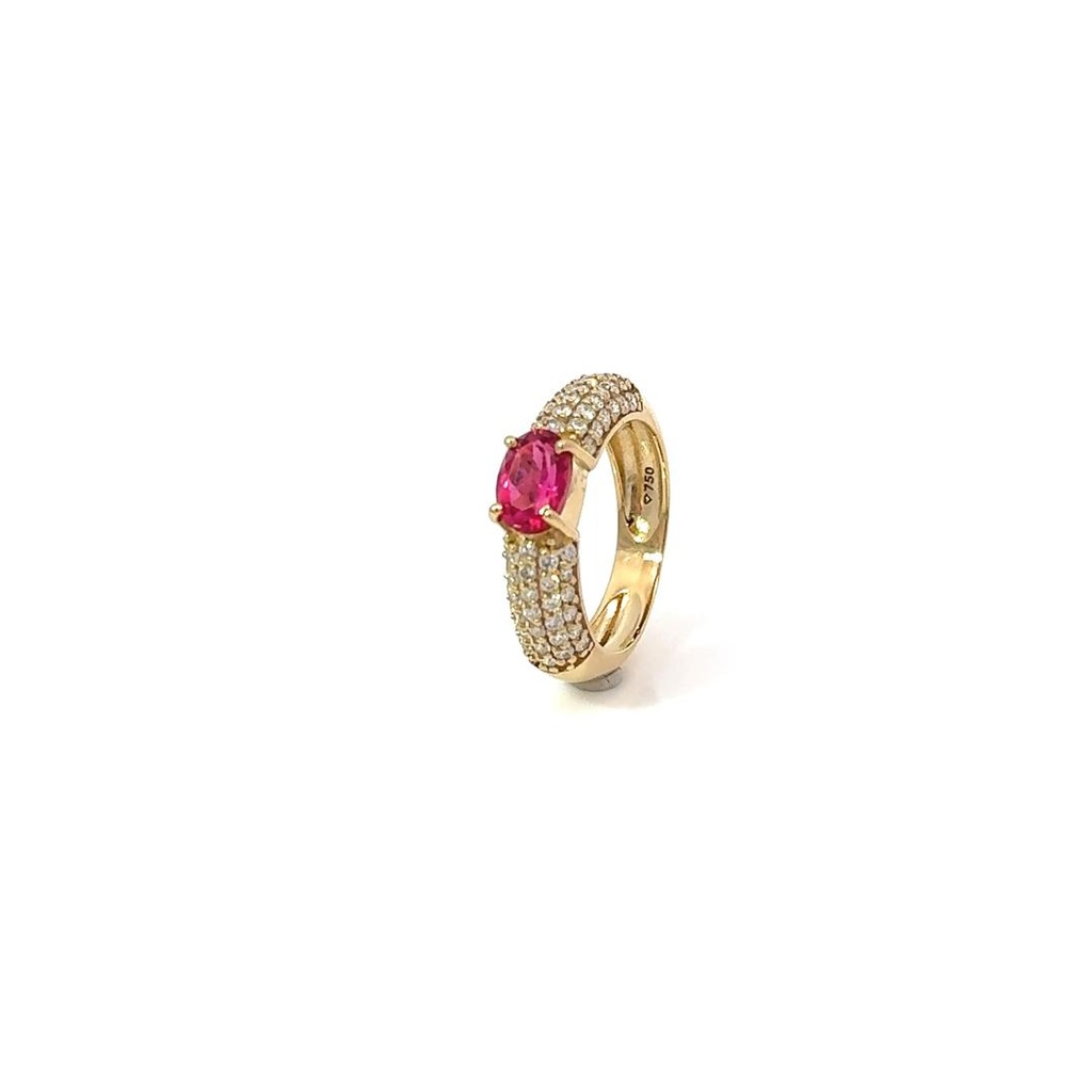 Anel Dedinho Rubelita Oval 0,83CT 5 Fileiras Pave 62 Brilhantes 0,61CT H SI1 4,15G Ouro Amarelo 18K - Coleçao Rubelita