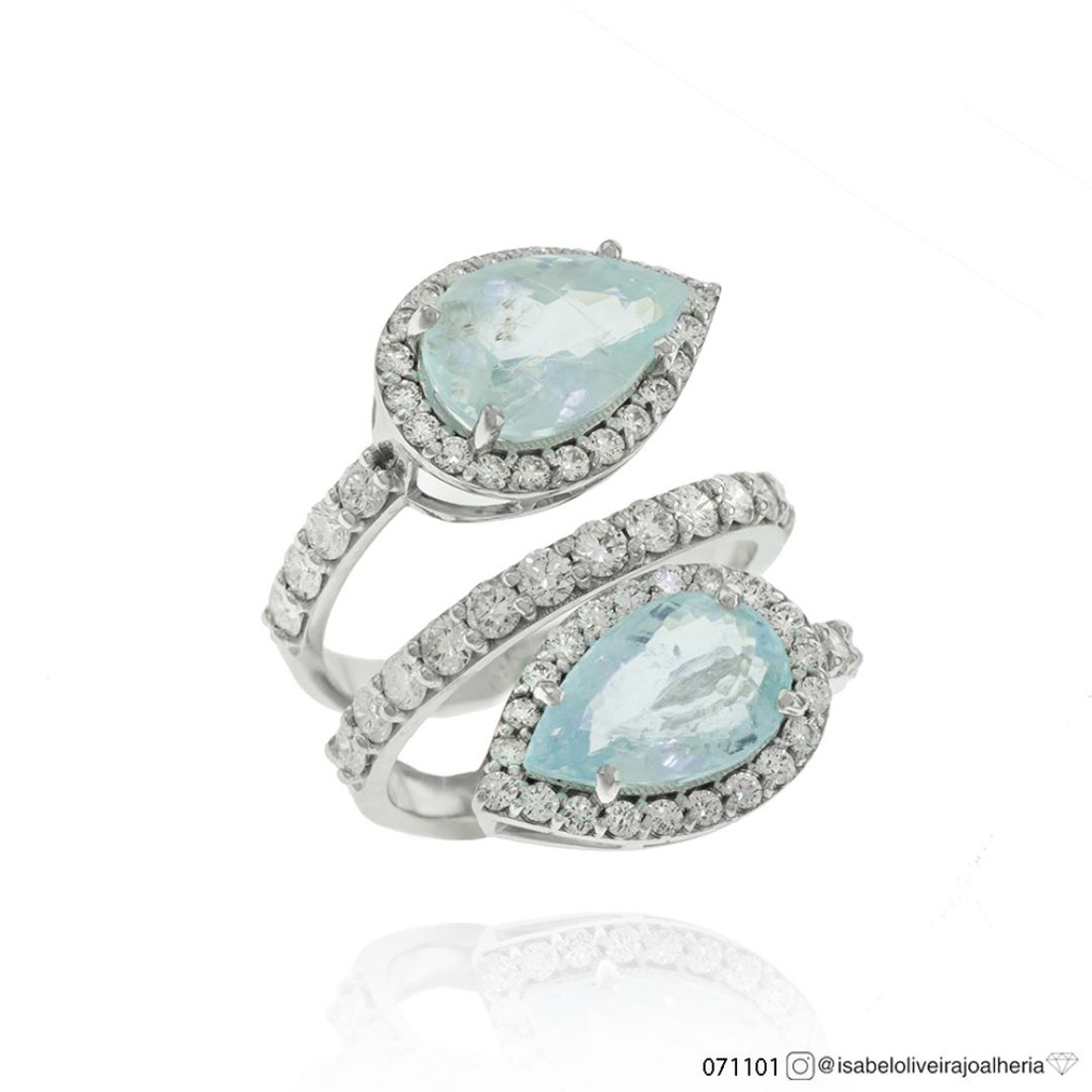 Anel Duplo 2 Turmalina Paraiba Gota 5,27CT 63 Brilhantes 1,59CT 9,53G Ouro Branco 18K - Coleçao Caribbean Blue