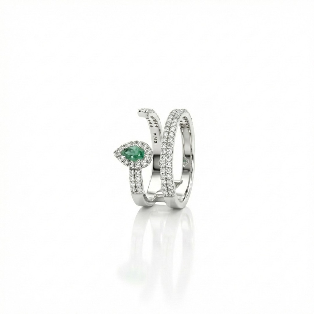 [072658] ANEL DUPLO ESMERALDA BRASILEIRA GOTA 0,19CT 87 BRILHANTES 0,63CT G VS1 5,60G OURO BRANCO 18K - COLEÇAO BRAZILIAN EMERALD