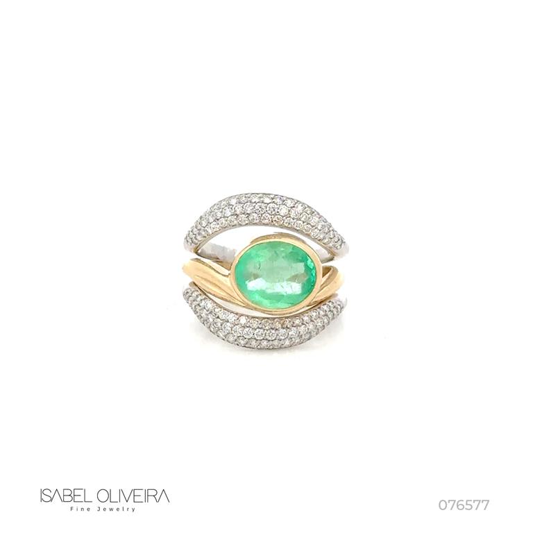 Anel Duplo Esmeralda Colombiana Oval 2,72ct com Diamantes em Ouro Amarelo e Branco 18k