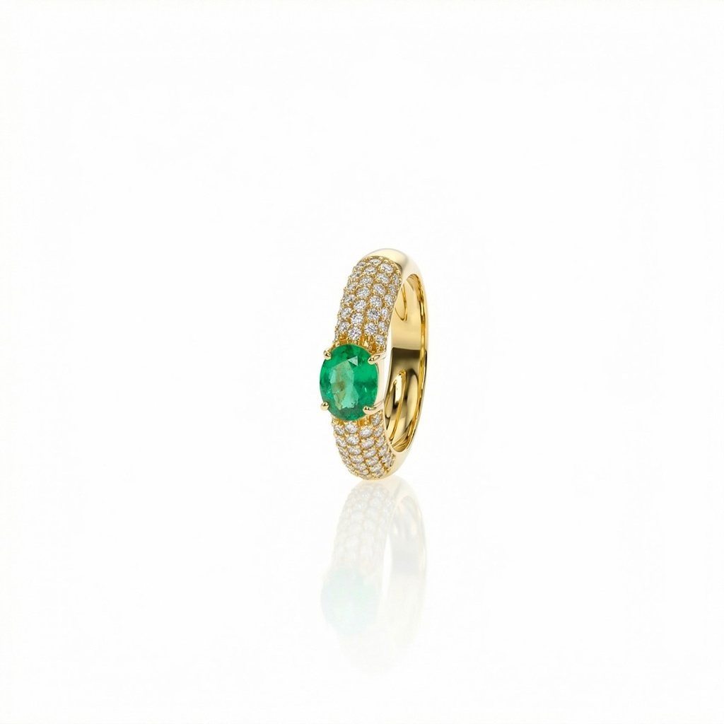 [072438] Anel Esmeralda Colombiana Oval 0,82ct com Diamantes em Ouro Amarelo 18k
