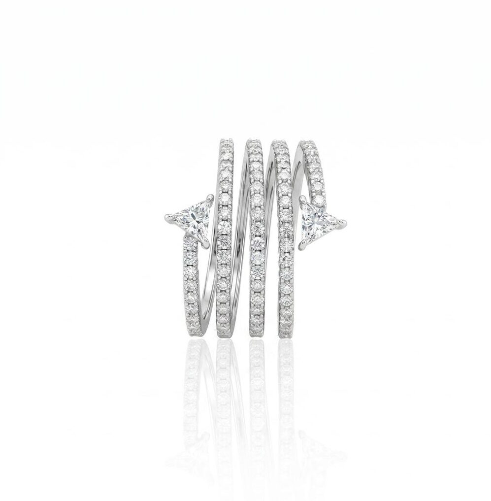 [066882] ANEL ESPIRAL 2 DIAMANTES TRILLION 0,30CT 78 BRILHANTES 0,87CT H VS2 7,20G OURO BRANCO 18K - COLEÇAO LAISA