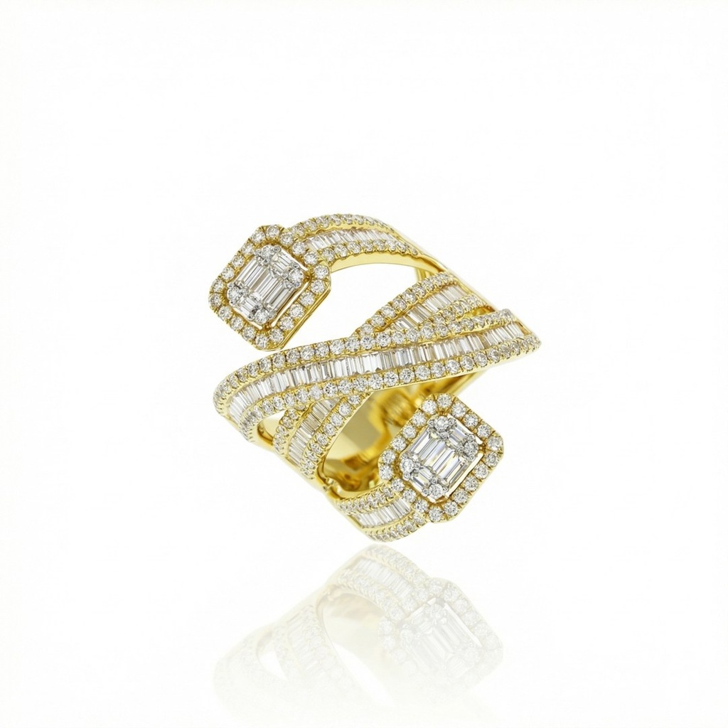 [076408] ANEL FAIXAS DIAMANTES BAGUETES CENTRAIS 0,90CT BRILHANTES 1,05CT 10G OURO AMARELO 18K