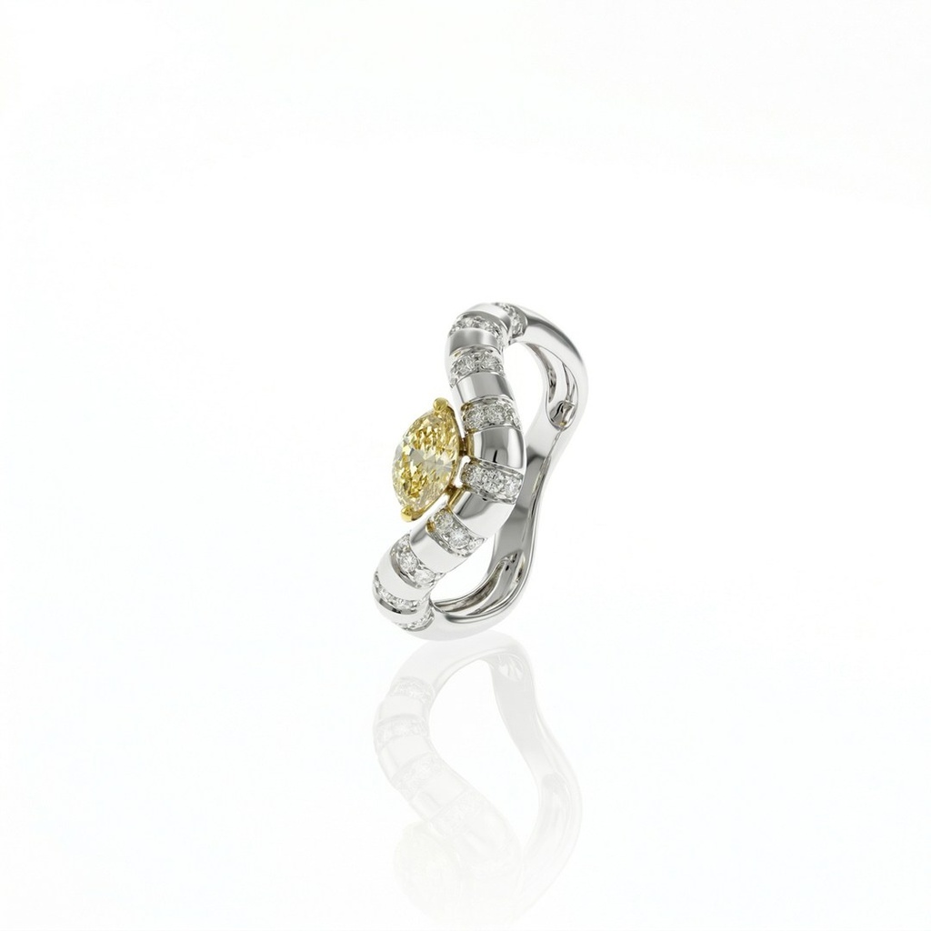 [076880] Anel Onda 1 Diamante Navete 0,43ct 34 Brilhantes 0,27ct 2,55g Ouro Branco 18k - Coleção Laisa