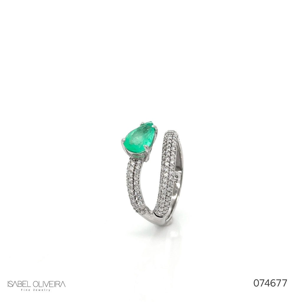 Anel Onda Aberto 1 Esmeralda Colombiana Gota 1,01CT 111 Brilhantes 0,54CT 3,28G Ouro Branco 18K - Coleçao Colombia Emerald