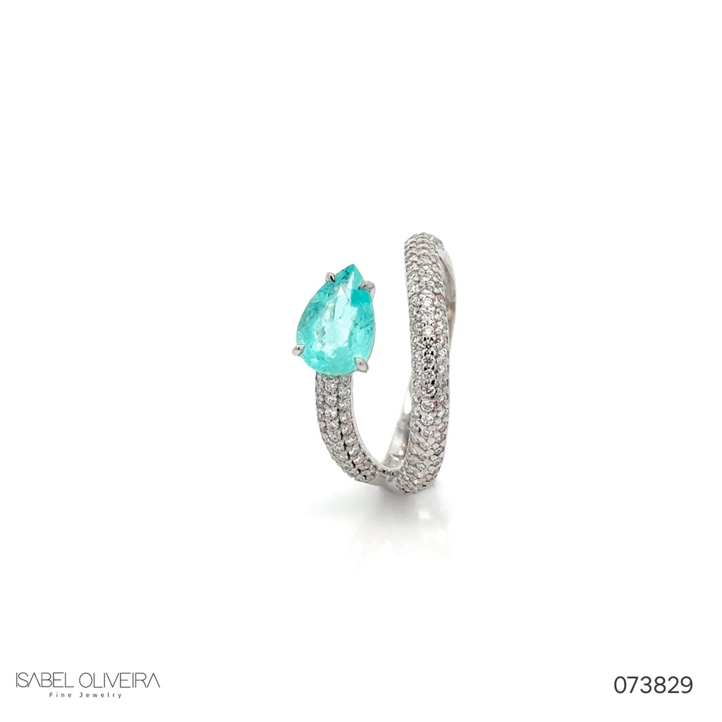 [073829] Anel Onda 1 Turmalina Paraíba Gota 1,13ct com Diamantes em Ouro Branco 18k