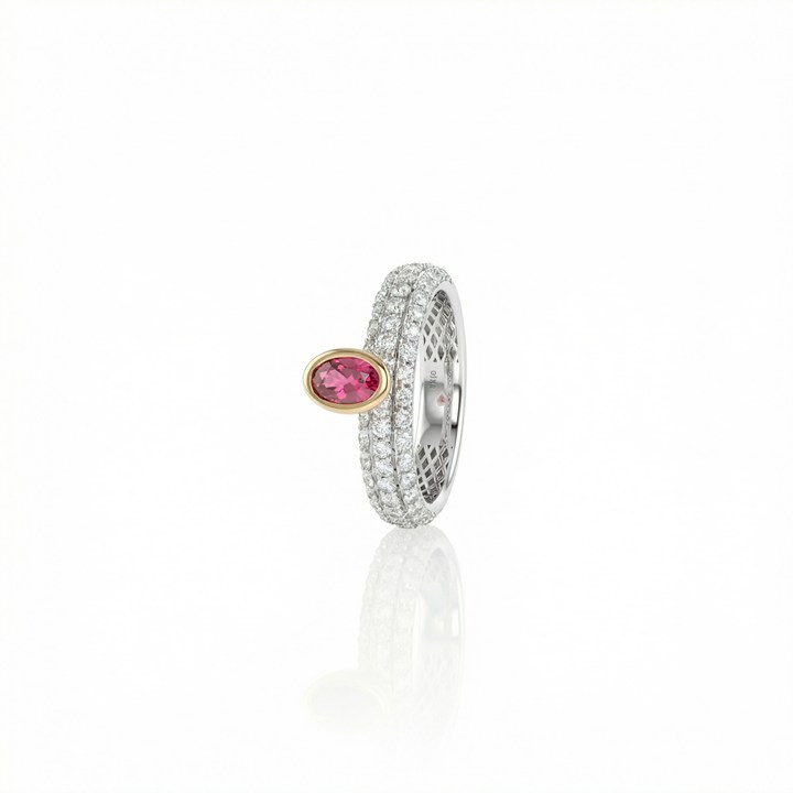 [075859] ANEL PAVE 3 FILEIRAS RUBELITA OVAL 0,38CT 54 BRILHANTES 1,04CT H VS2 5,42G OURO BRANCO E ROSE 18K - COLEÇAO RUBELITA