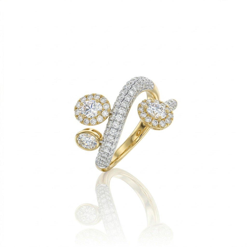 [076854] Anel Pavê Central 3 Diamantes Ovais 0,75ct 112 Brilhantes 1,04ct 4,45g Ouro Amarelo 18k - Coleção Laisa