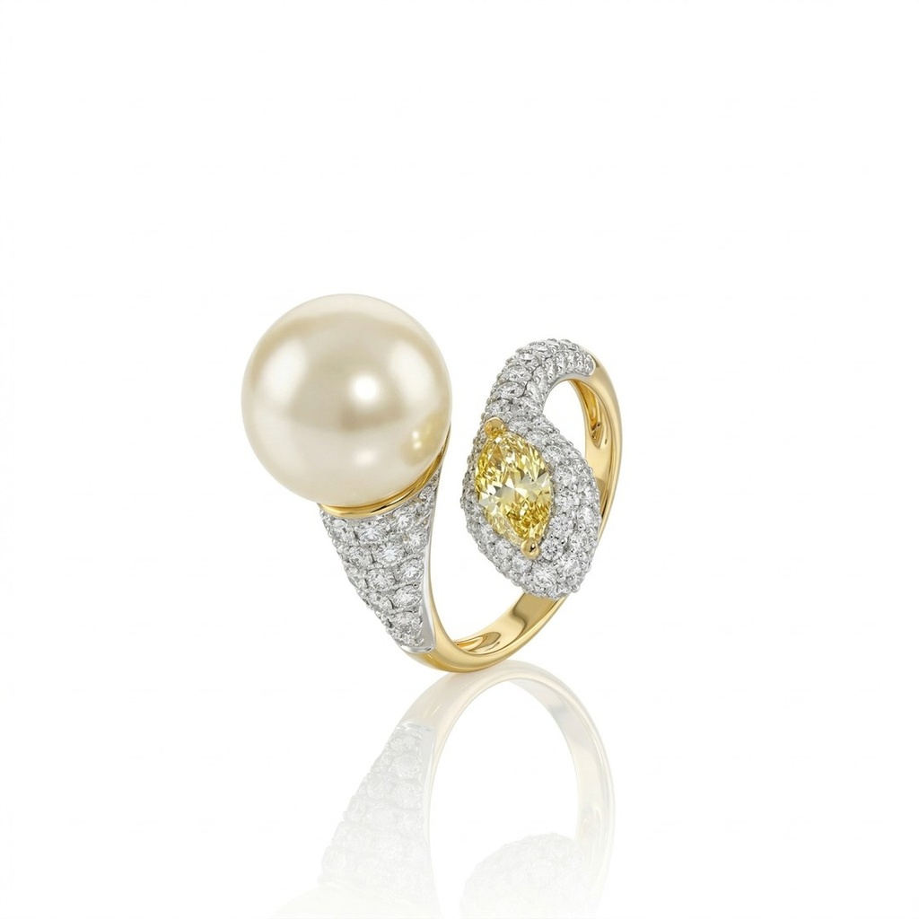 [076849] Anel Pérola 12mm Diamante Navete 0,56ct 97 Brilhantes 1,16ct 6,43g Ouro Amarelo 18k - Coleção Over The Moon