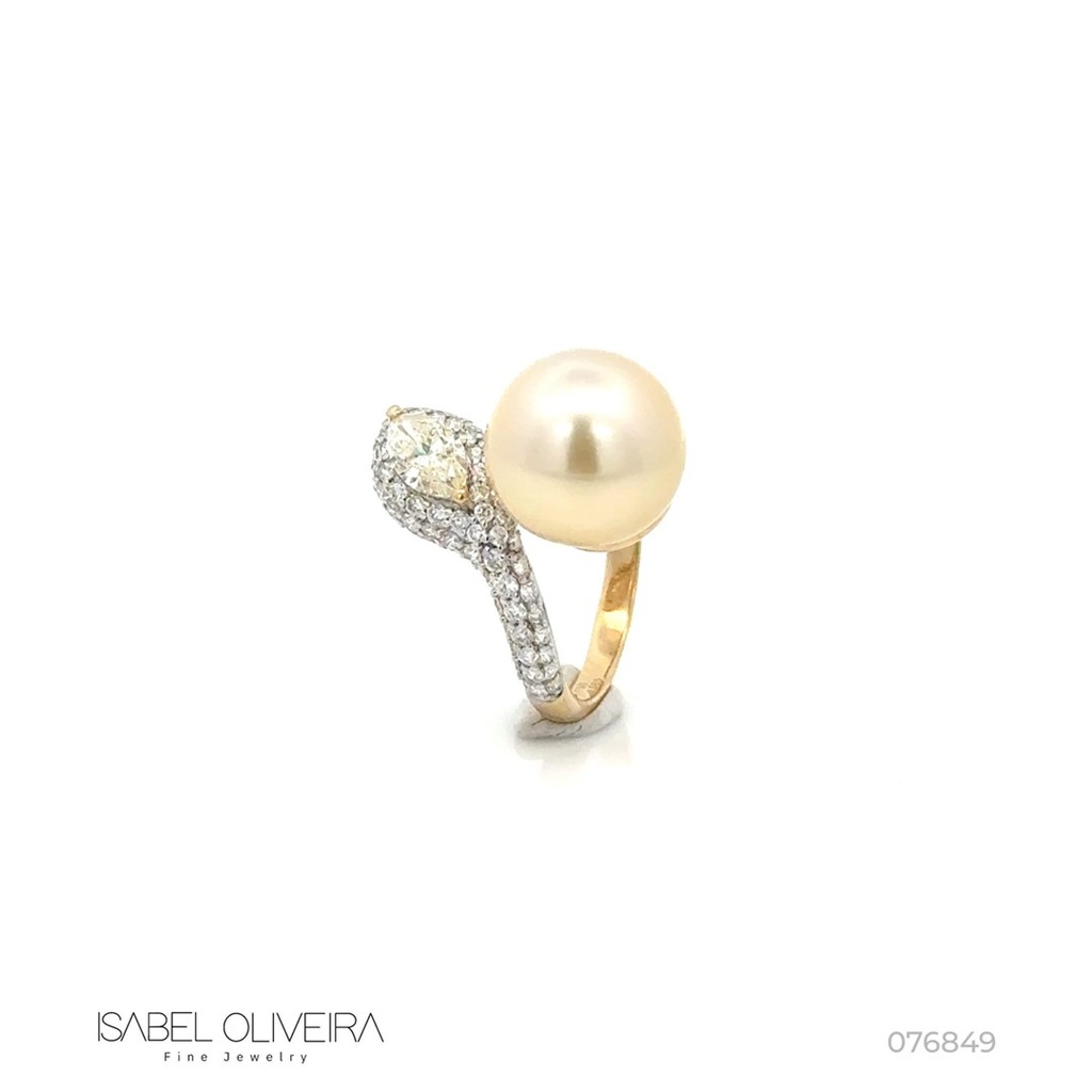[076849] Anel Pérola 12mm Diamante Navete 0,56ct 97 Brilhantes 1,16ct 6,43g Ouro Amarelo 18k - Coleção Over The Moon