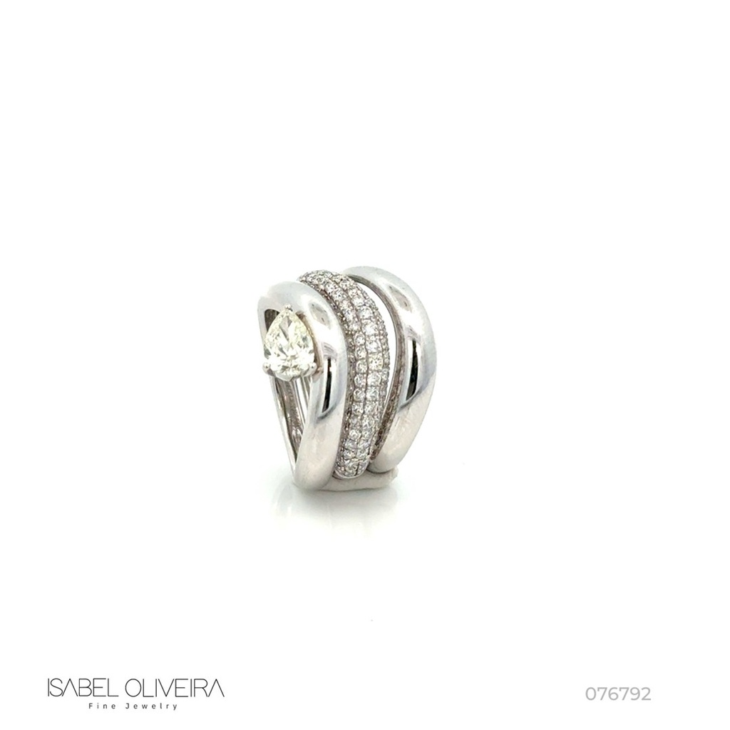 Anel Triplo 1 Diamante Gota 0,72ct 99 Brilhantes 0,97ct 9,32g Ouro Branco 18k - Coleção Laisa