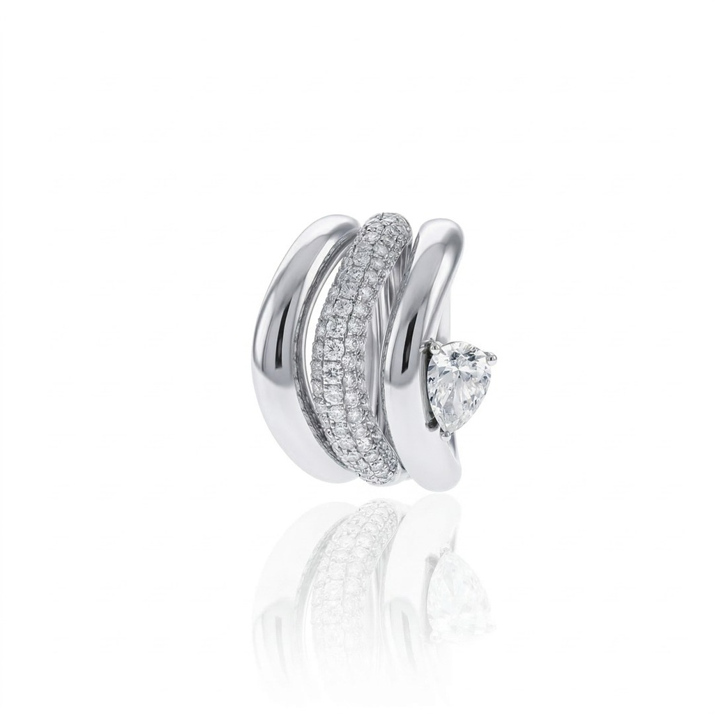 [076792] Anel Triplo 1 Diamante Gota 0,72ct 99 Brilhantes 0,97ct 9,32g Ouro Branco 18k - Coleção Laisa