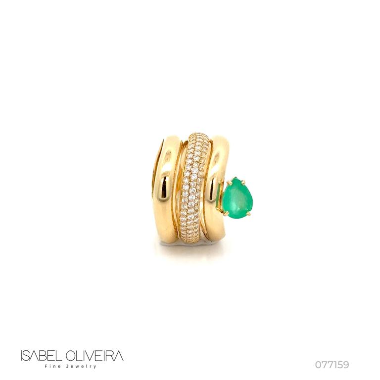 Anel Triplo 1 Esmeralda Colombiana Gota 0,84CT 73 Brilhantes  0,54CT H VS2 9,42G Ouro Amarelo 18K - Coleçao Colombia Emerald