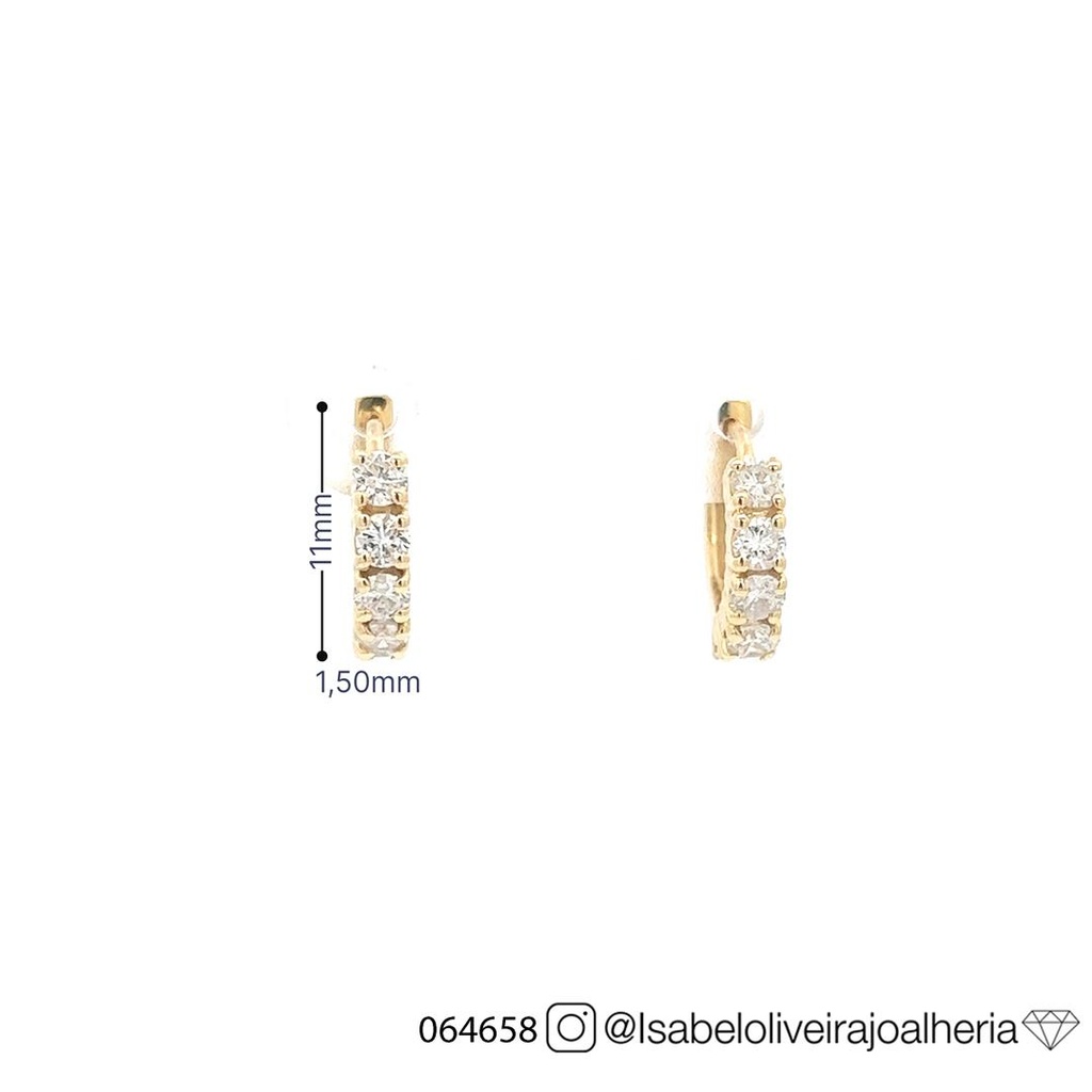 ARG01BRIAM-Argola 11mm Diâmetro Fio Quadrado 1,50mm 1 Fileira com Meia Cravação 10 Brilhantes 0,57ct H/i/j SI1/VS2 2,43g Ouro Amarelo 18k - Coleção Argolas Fashion
