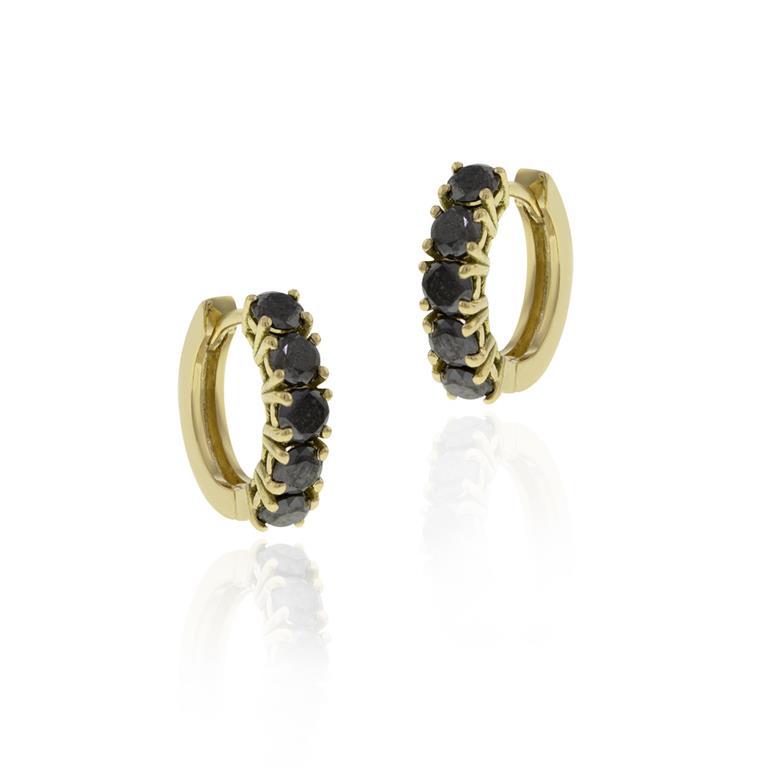Argola 11 mm Diâmetro Fio Quadrado 1,50mm 1 Fileira com Meia Cravação 10 Brilhantes Black 0,78ct 1,93g Ouro Amarelo 18k - Coleção Argolas Fashion
