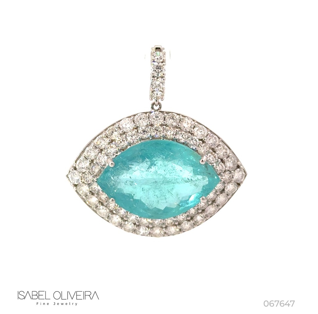Pingente Olho Grego Turmalina Paraiba 20,32CT 60 Brilhantes 5,04CT H/i SI1 13,70G Ouro Branco 18K - Coleçao Caribbean Blue - Certificado Jane PJG836-23