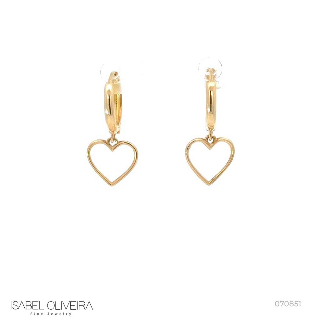 [070851] Argola Lisa Meia Cana com Pingente Coração Vazado 1,39g Ouro Amarelo 18k - Coleção Kids