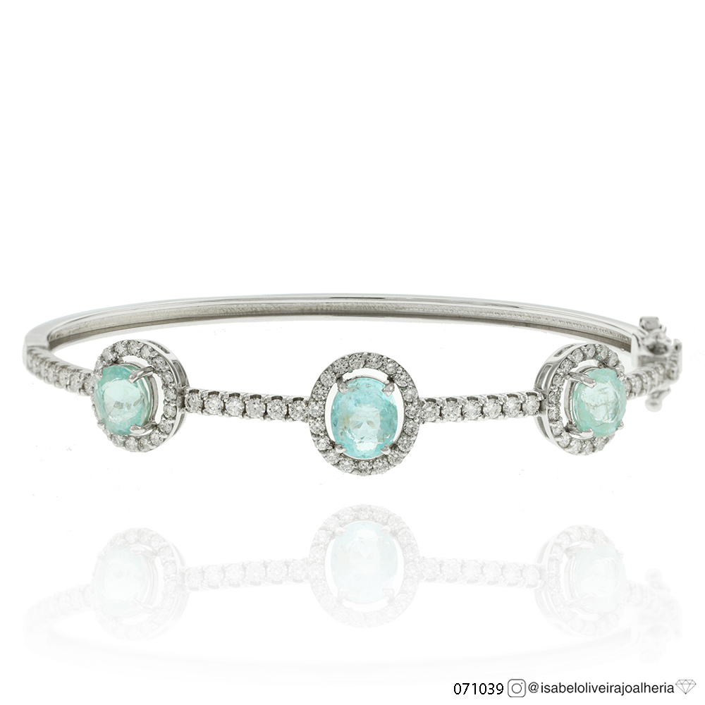 [071039] Bracelete 3 Turmalinas Paraíbas Oval 3,22ct com Diamantes em Ouro Branco 18k