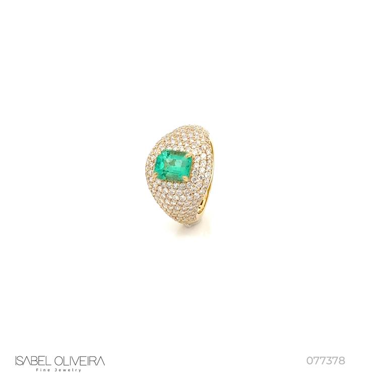 Anel Dedinho Bombe com Esmeralda Colombiana Octogonal 1,54CT 164 Brilhantes 1,37CT H VS2 6,00G Ouro Amarelo 18K - Coleçao Colombia Emerald