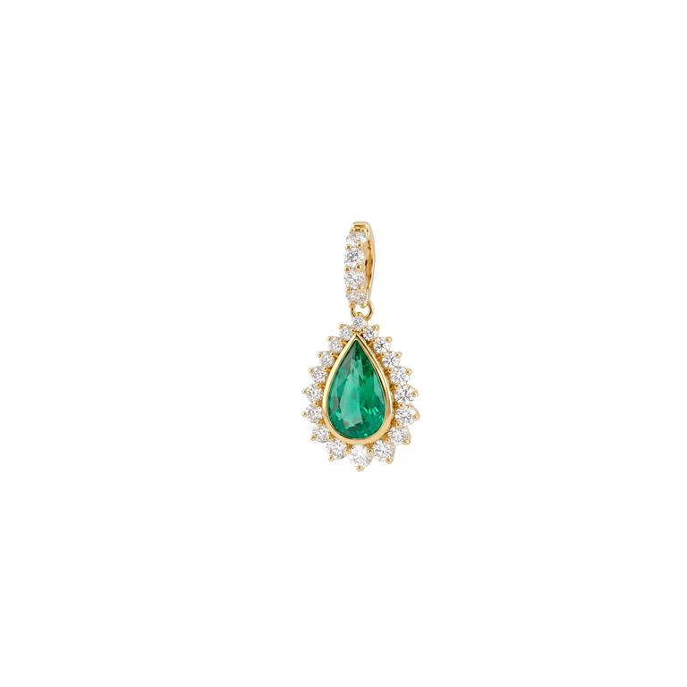 Pingente 1 Esmeralda Brasileira Gota 1,19ct com Diamantes em Ouro Amarelo 18k