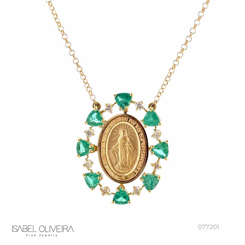 Colar Nossa Senhora das Graças 8 Esmeraldas Trillion 1,55CT 8 Brilhantes 0,17CT H VS2 6,93G 45CM Ouro Amarelo 18K - Coleçao Fe Santos