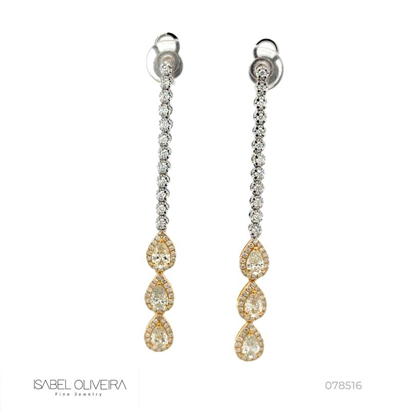 Brinco Pendurado 6 Diamantes Gota 1,35CT 120 Brilhantes 0,61CT 4,88G Ouro Branco e Amarelo 18K - Coleçao Laisa