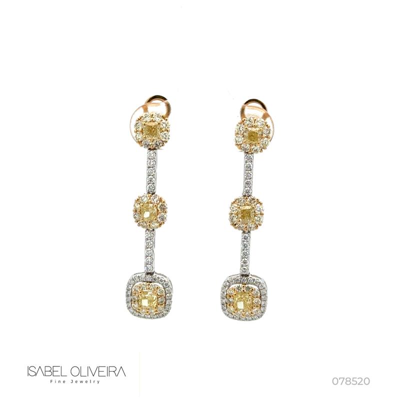 Brinco Pendurado 6 Diamantes Fancy 1,10CT 116 Brilhantes 1,27CT 4,58G Ouro Branco e Amarelo 18K - Coleçao Laisa