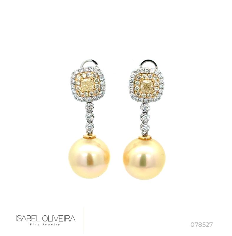 Brinco 2 Perolas 2 Diamantes Fancy 0,66CT 70 Brilhantes 0,90CT 10,16G Ouro Amarelo 18K - Coleçao Over The Moon