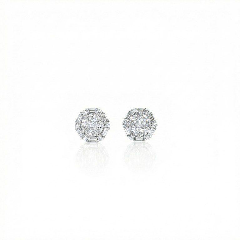 [073706] Brinco 10 Diamantes Navetes e Carré 0,94ct 12 Trapézio 0,50ct 12 Brilhantes 0,21ct 3,0g Ouro Branco 18k - Coleção Laisa