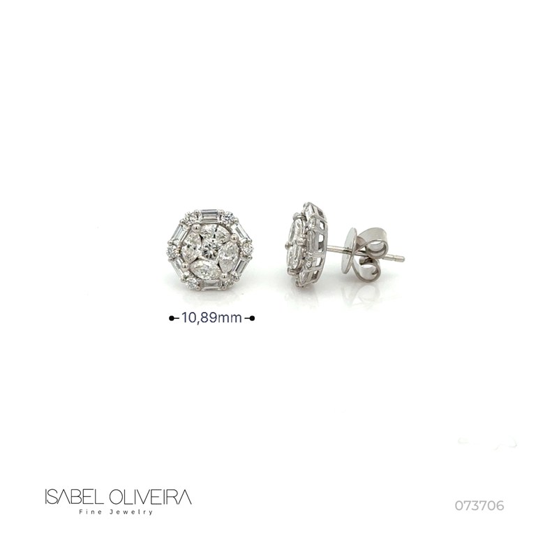 Brinco 10 Diamantes Navetes e Carré 0,94ct 12 Trapézio 0,50ct 12 Brilhantes 0,21ct 3,0g Ouro Branco 18k - Coleção Laisa
