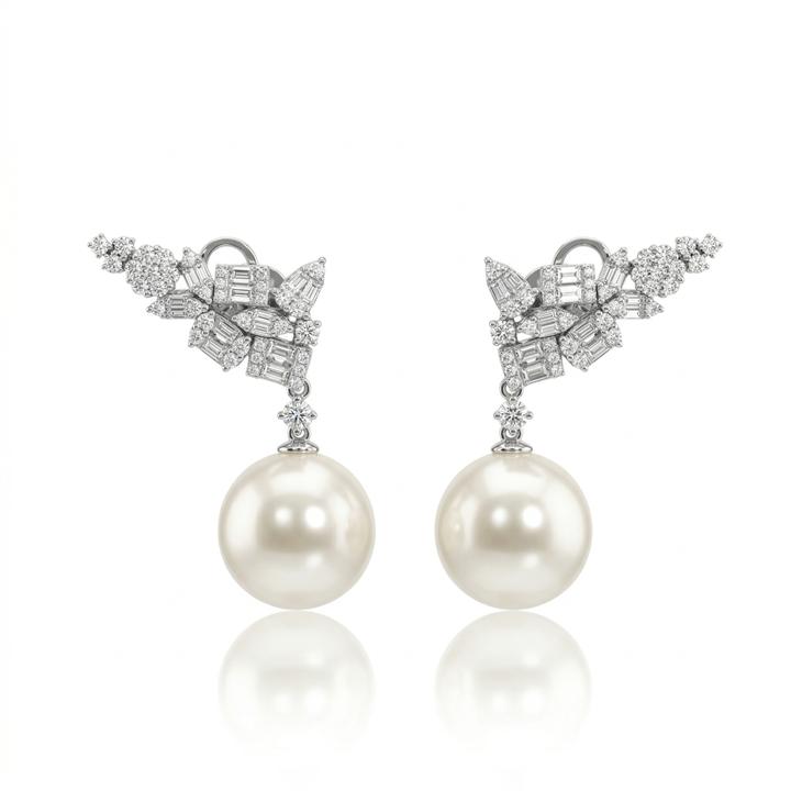 Brinco 2 Pérolas 12mm 30 Diamantes Baguetes 0,38ct 74 Brilhantes 0,62ct 9,26g Ouro Branco 18k - Coleção Over The Moon