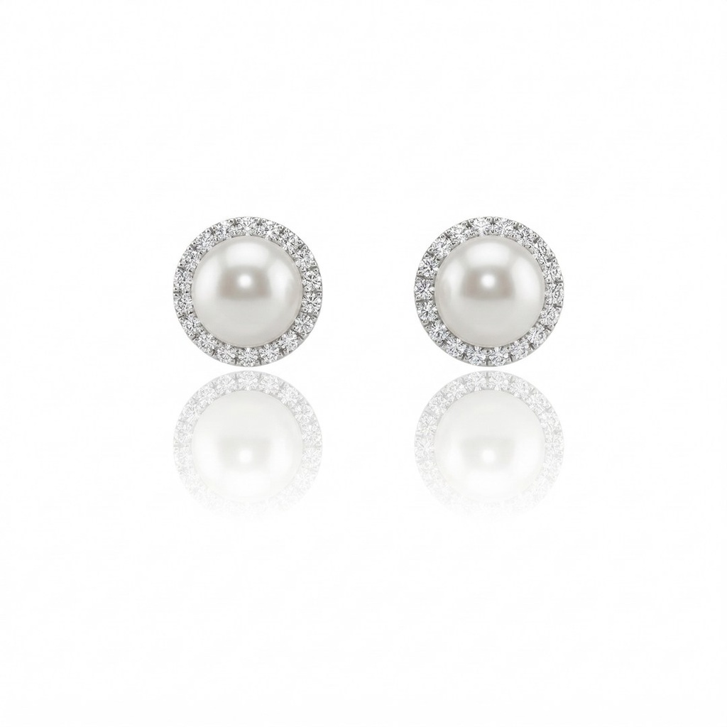 Brinco 2 Pérolas 7,70mm 36 Brilhantes 0,40ct 3,10g Ouro Branco 18k - Coleção Over The Moon