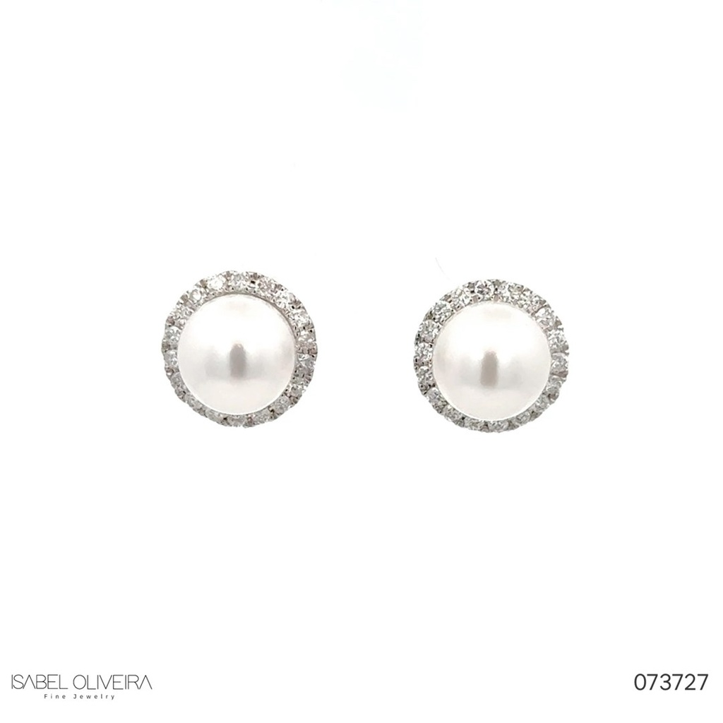 [073727] Brinco 2 Pérolas 7,70mm 36 Brilhantes 0,40ct 3,10g Ouro Branco 18k - Coleção Over The Moon