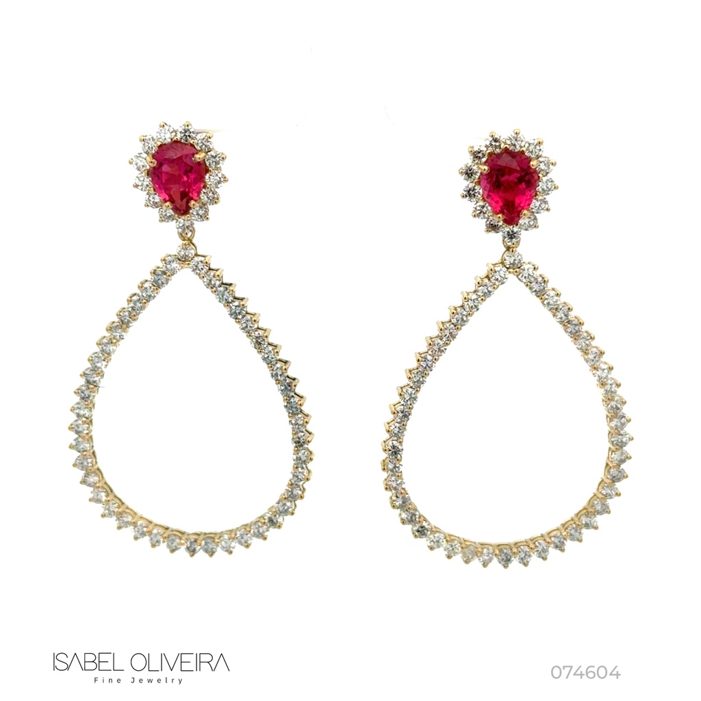 Brinco 2 Rubelitas Gota 2,29CT 114 Brilhantes 4,15CT H VS2 10,76G Ouro Amarelo 18K - Coleçao Rubelita