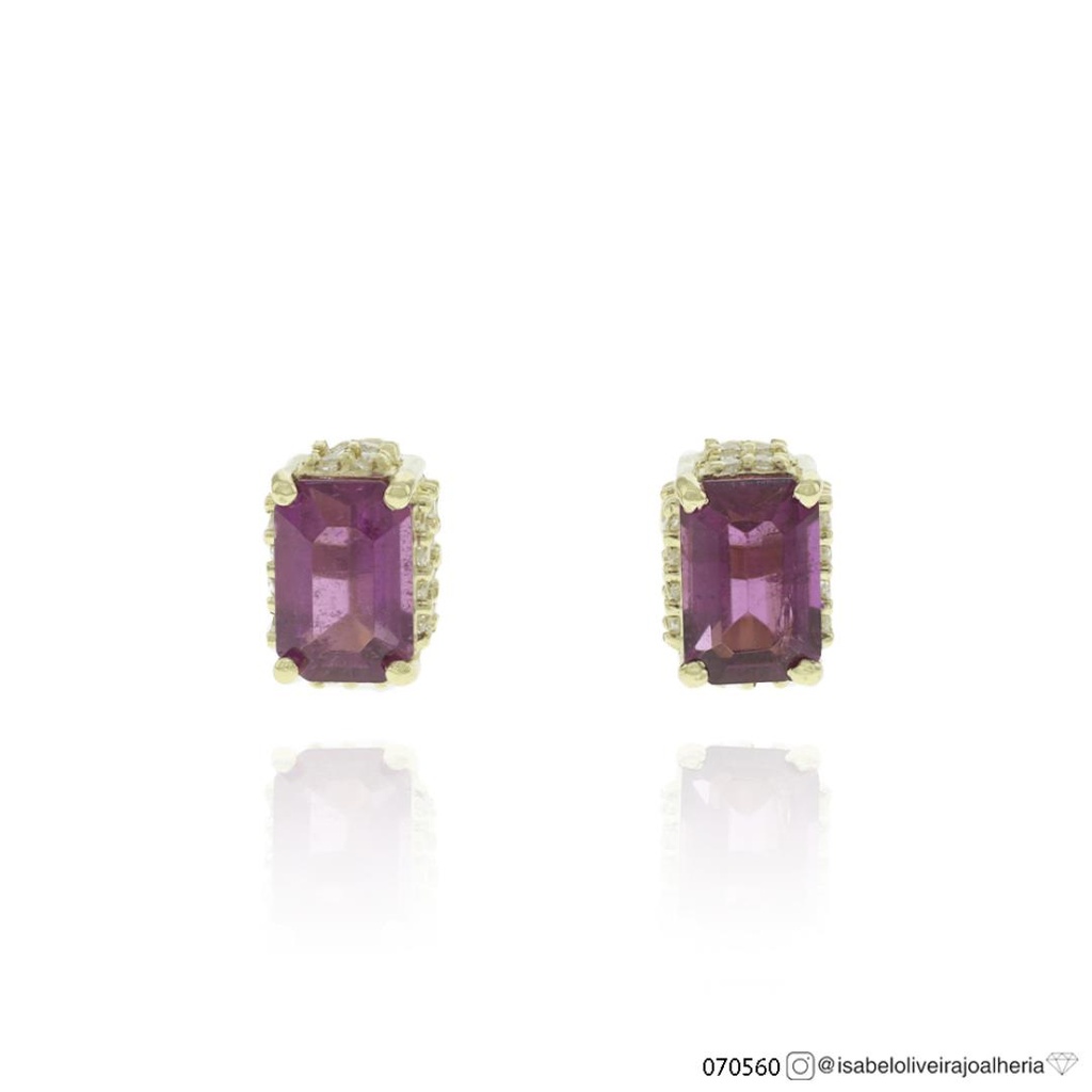 Brinco 2 Rubelitas Octogonais 1,15ct com Diamantes em Ouro Amarelo 18k