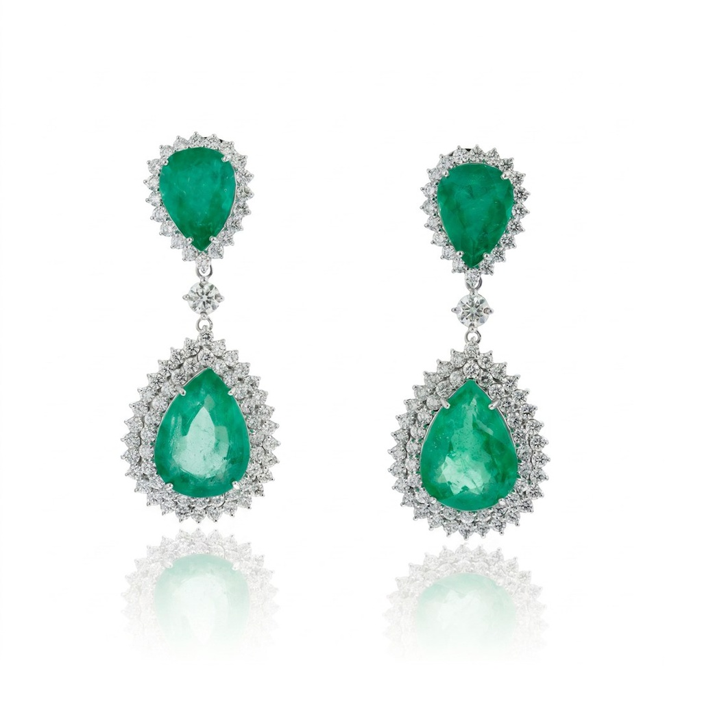 Brinco 4 Esmeraldas Brasileiras Gota 24,82ct com Diamantes em Ouro Branco 18k