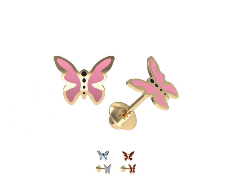 [074753] Brinco Borboleta Esmaltado Rosa 0,40g Ouro Amarelo 18k - Coleção Kids