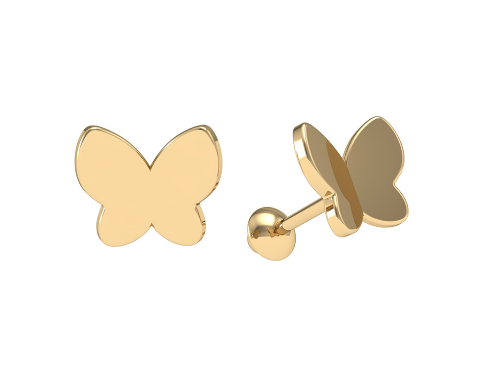 [074762] Brinco Borboleta Lisa Concava 0,55g Ouro Amarelo 18k - Coleção Kids