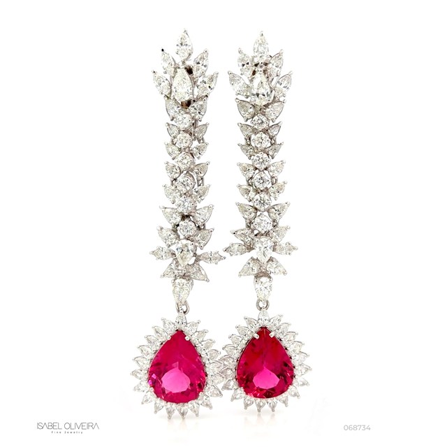 [068734] Brinco 2 Rubelitas Gotas 18,49ct com Diamantes em Ouro Branco 18k