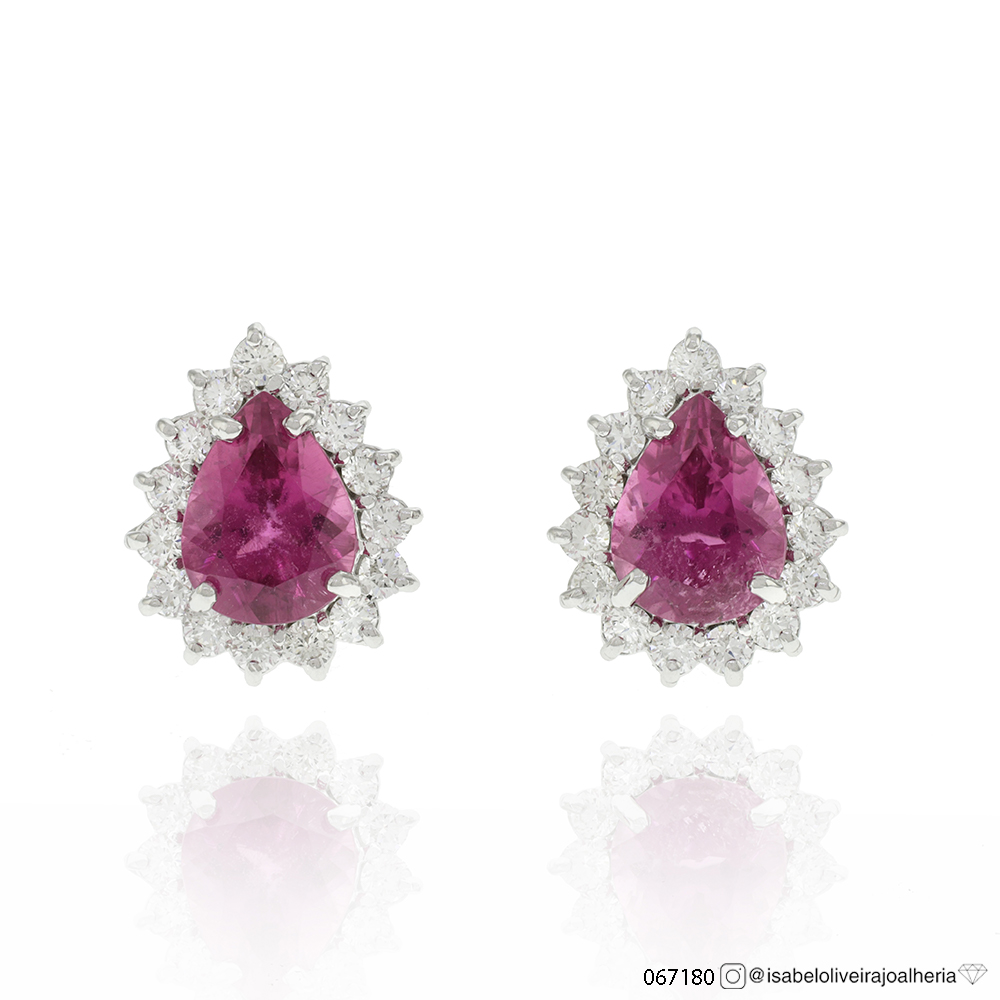 Brinco 2 Rubelitas Gotas 2,16ct com Diamantes em Ouro Branco 18k