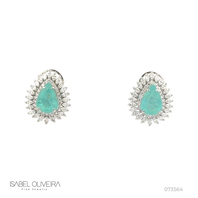 Brinco Classico 2 Turmalinas Paraiba Gota 5,15CT 40 Diamantes Navetes 1,40CT 48 Brilhantes 1,79CT H VS2 8,91G Ouro Branco 18K - Coleçao Caribbean Blue