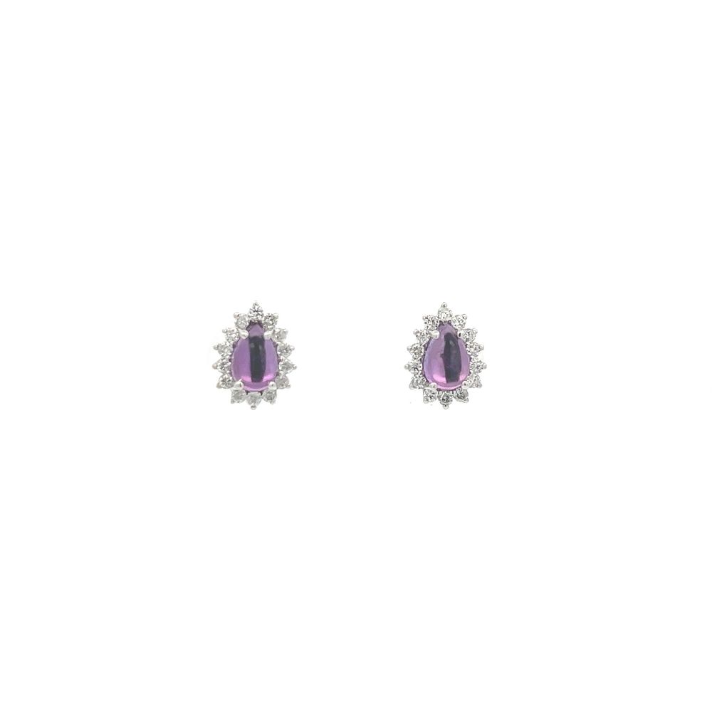 [065264] Brinco Clássico I 2 Ametistas Gota Cabochão 0,85ct 28 Brilhantes 0,27ct I SI1 1,50g Ouro Branco 18k - Coleção Sara e Antonio